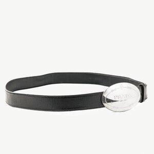 Prada Black Leather Logo-Engraved Oval-Buckle Belt